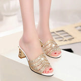 Gladiator Opened Toe Summer Sandal Rhinestone Square Heel Sandals Women Hight Heel Sandals Plus Size