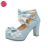 Lolita Japanese Pearl Bow Jk Sweet Cute Strap Super High Heeled Round Head Student Shoes Kawaii Girl Tea Party Cos Loli