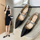 leather crystal ankle band flat shoes woman pointed toe rhinestone ballet flats female loafers comfy