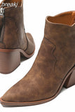 Sale Leather Western Ankle Boots Women Point Toe Square Heels Short Boots Autumn Winter Cowboy Knight Boots Woman