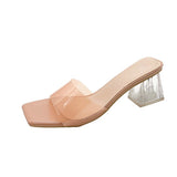 Breakj Summer New Transparent Crystal Slippers Women Wear Coarse High-Heeled Side Cool Slippers Outside Women's