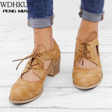 Summer Vintage London Brogue Shoes Women Lace Up Sandal Chunky High Heels Cut-Outs Female Casual Plus Size 35-43 Woman