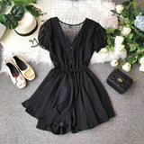 2020 New V-collar Flocking Point Chiffon Couplet Girls Summer Short Playsuits Women Short Sleeve Sweet Jumpsuits