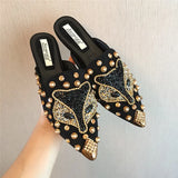 Size 35-43 luxury metal studs crystal fox modern slippers women summer shoes sandals slides metalic pointed toe mules