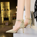 Breakj Hollow High Heels Fine Heel High Heel Shallow Pointed Hollow Out One Word Belt Back Bow