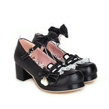 Japanese Style Sweet Bow Lace Princess Lolita Shoes Lace-up Med Heel Buckle Strap Thick Platform Pumps with Cute Ears Pearl