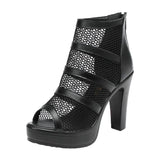 2022 Peep Toe Sandal Boots Mesh Summer Heels Women's High Heeled Platform Shoes Hollow Out Square Heel Back Zip