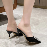 Female 2023 High Quality Mules Pumps Summer New Square Rhinestone Women Slippers Sexy Pointed Toe Thin Heels Party