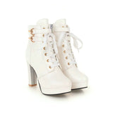 Pink White Black JK Uniform Womens Chunky Platform Ankle Boots Lolita Super High Heel Lace Up Boots Sweet Lace Side Zipper