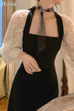 Sleeve Elegant Lace Dress Party Casual 2023 Autumn Slim Vintage Black Midi Dress Woman Design Korean Style Backless