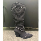 New Style Denim Boots For Women's High Boots Crystal Fringe Chunky Heels Luxury Shoes Retro Ladies Slip-on Chelsea
