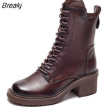 2023 Cow Leather Quality Women Shoes Autumn Winter Square Med Heel Ankle Boots Lace Up Zipper Ladies Pumps Size