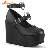 Great Quality Lolita Cosplay Black Pink Wedges Pumps Platform Heart Women Mary Janes Buckle Strap Gothic Shoes