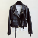 Spring Autumn Women Faux Leather Jacket Slim Streetwear Khaki Leather Coat Biker Moto Jacket with Belt Female