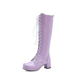 Women Knee High Boots Winter Platform Shoes Sweet Lace Up Purple Pink White Black Lolita Japanese Mori Girls BootsLarge Size