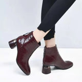 Boots Patent Leather Women's Shoes 2023 New Spring And Autumn Soft Leather Square Head Short Boots Women's Thick Heel Medium Heel Martin