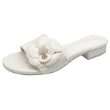 Woman Floral Sandals Low Square Heels Slippers Femme Shoes Summer Ladies Open Toe Flipflops Luxury Camellia Slides