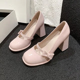 2024 New Bow Buckle Belt Single Shoes Sweet Vintage French Pink Thick High Heels Mary Jane Shoes