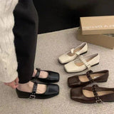Breakj Jane Shoes Female 2024 Summer New Niche Design Sense Flat Bottom A Word Buckle Square Head Senior Sense Of Spring And Autumn Single