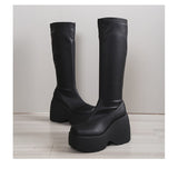 Women Shoes on Platform Knee High Long Woman Wedges Gothic Stripper Chunky Heels Sexy Tights Winter Zip Up Free