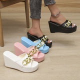 Women Slippers Flip Flop for Ladies Round Head Open Toe Casual Outdoor Female Wedge Chain High Heel 2023 New Large Size