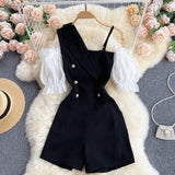 New Summer Irregular Ladies Contrast Design Jumpsuit Sweet Puff Sleeve Slim Rompers Shorts High Waist Wide Leg