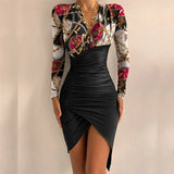 Vintage Leopard Printed Women Slim Party Dress Spring Autumn Ladies Elegant Irregular Dresses Sexy Deep V Neck Draped Slit