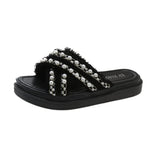 Breakj Bottom Slippers Women 2025 Summer Korean Version Of The New Small Fragrant Wind Cross Pearl Fashion Wearing Loose Cake Cool