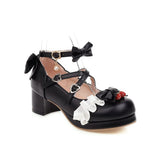 Japanese Lolita Mary Janes Shoes Princess Pink Ankle Strap Bowtie Strawberry Ruffles Wedding Cosplay Uniform Pumps Plus Size