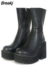 Chunky High Heeled Women Knee High Boots Fashion Cool Round Toe Cute Sweet Heeled Boots Gothic Uniform Dress