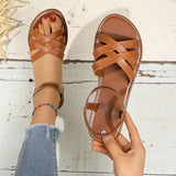 Breakj Round Head Flat Woven One-Word Buckle Sandals Women's Large Size Simple Beach Roman