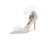 Breakj Shoes Women's Pearl Straps High-End Squint Crystal Shoes Silver French High Heels High Heels Do Not Tired Wedding