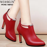 Winter Boots Women Shallow Round Toe Red Women's Boots Thin Heels Zip Ankle Boots Pu Leather Zapatos De