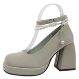 High Heels Mary Jane Shoes for Women 2023 Patent Leather Platform Pumps Woman Pearls Chain Thick-Heeled Shoes