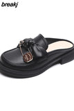 Leather mules metal chain bowknot women slippers creepers sandals Flat shoes thick soled cover toe slides plus size