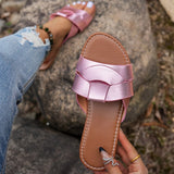 Breakj Summer New Wearing Cold Slippers Women's Fashion Leather One-Word Drag Summer Flat Beach Comfortable