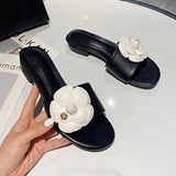 Woman Floral Sandals Low Square Heels Slippers Femme Shoes Summer Ladies Open Toe Flipflops Luxury Camellia Slides