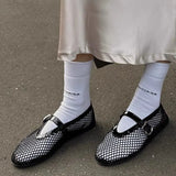Breakj Plate Round Head Niche Fish Grid Hollow Ballet Shoes Women New Fashion Simple Flat Belt Buckle Single