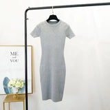 New Women Stretch Knitted Midi Dress Summer Spring Lady Casual O-neck Slim Knitting Bodycon Dresses Vintage