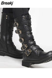 Men's Leather Motorcycle Boots Mid-calf Military Combat Boots Gothic Belt Punk Boots Men Shoes Tactical Army Boot