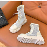 Mesh Boots Women Fashion Lace Up Ankle Boots Woman Shoes Black Sandals Hollow Breathable Zipper Socks Boots Square