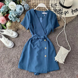 V-neck Beach Playsuits Women Vintage With Belt High Waist Wide-legged Shorts Pants Slim Holiday
