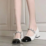 Breakj New Square Head High Heel Single Shoes JK Sweet Mary Treasure Shoes Coarse Heel Pearl Buckle Large Size Women's