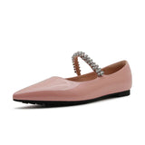 leather crystal ankle band flat shoes woman pointed toe rhinestone ballet flats female loafers comfy