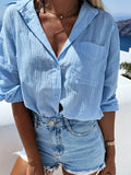 Casual Loose Ladies Shirts 2022 Fashion Solid Color Single Breasted Tops Blouses Spring Summer Sexy V-Neck Straight Tops