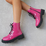 2023 Fashion Pink Motorcycle Boots Women Pu Leather Platform Ankle Boots Woman Autumn Winter Plus Size Lace Up