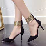 2020 Spring Autumn Women Pointed Toe Flock Pumps Curve Super High Party Fashion Metal Strap Shoes Ladies