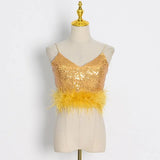 Sexy Solid Tank Tops For Women V Neck Sleeveless Patchwork Feathers Camis Female Summer Fashion Clothing Style