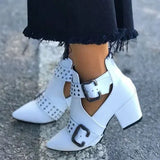 Pointed Toe Leather Ankle Boots Rivet Decor 2020 Fashion Woman Autumn Square Heels Women Female Buckle Pumps Zip