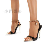 Breakj New Women's Shoes Candy Color Tip Fine High Heel Sandals Metal Chain Fashion
